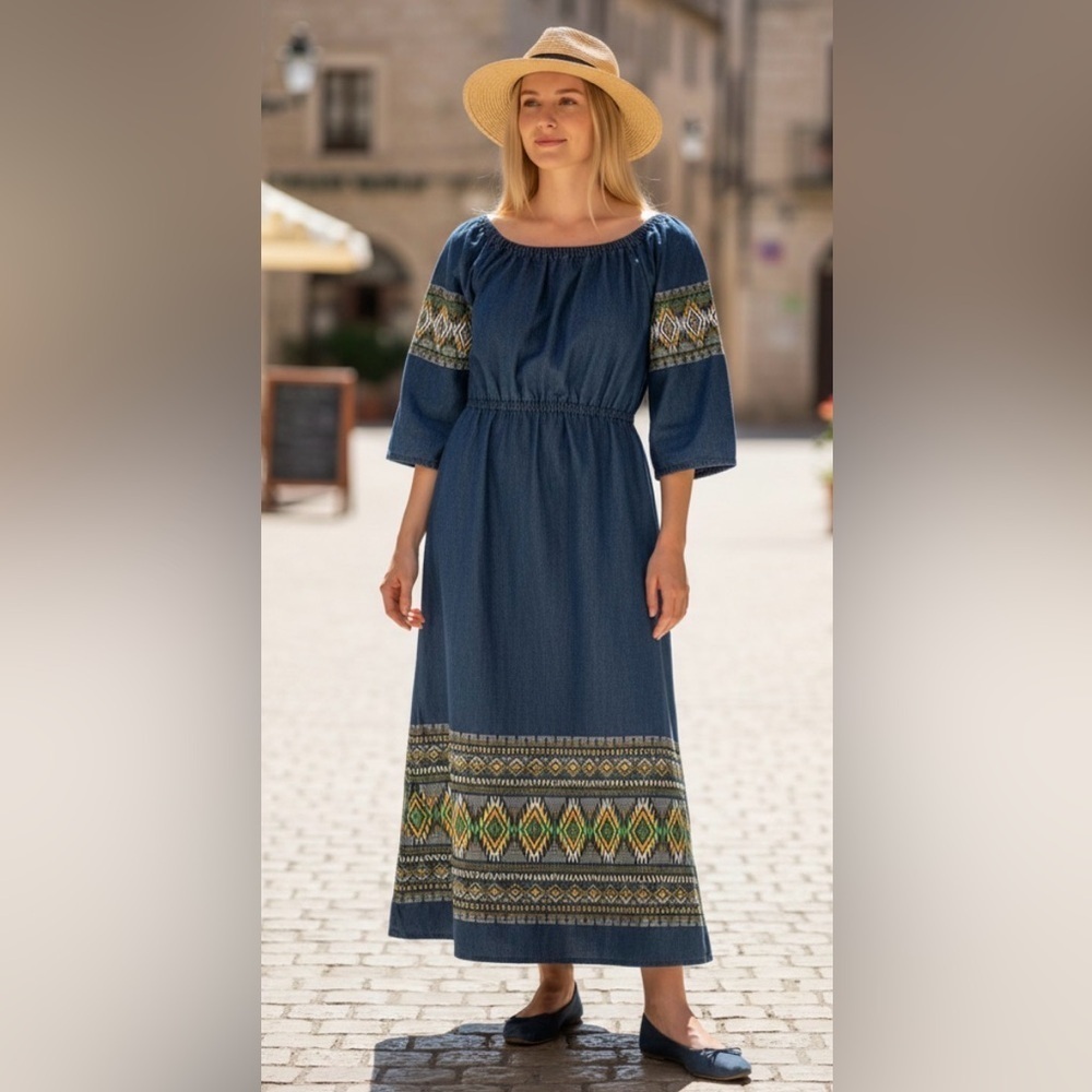 Vintage Embroidered Aztec Print Maxi Dress
